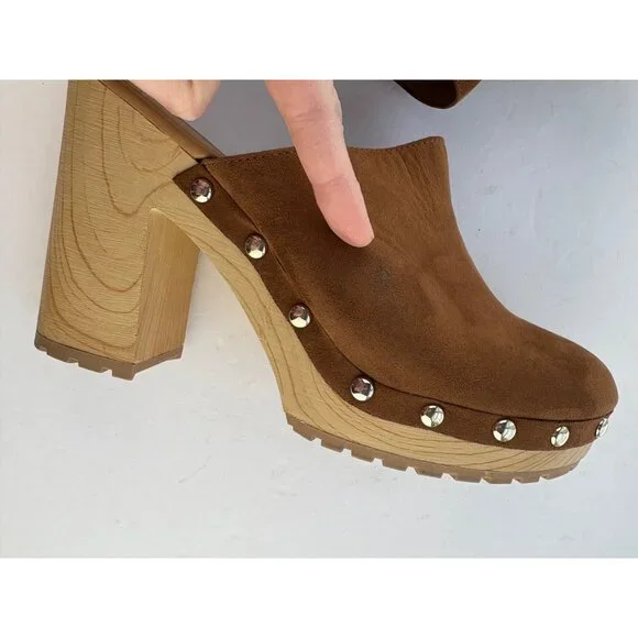 Sun + Stone Taanya Platform Clog Mules Studded in Brown Micro Suede Size 11 - Picture 6 of 11